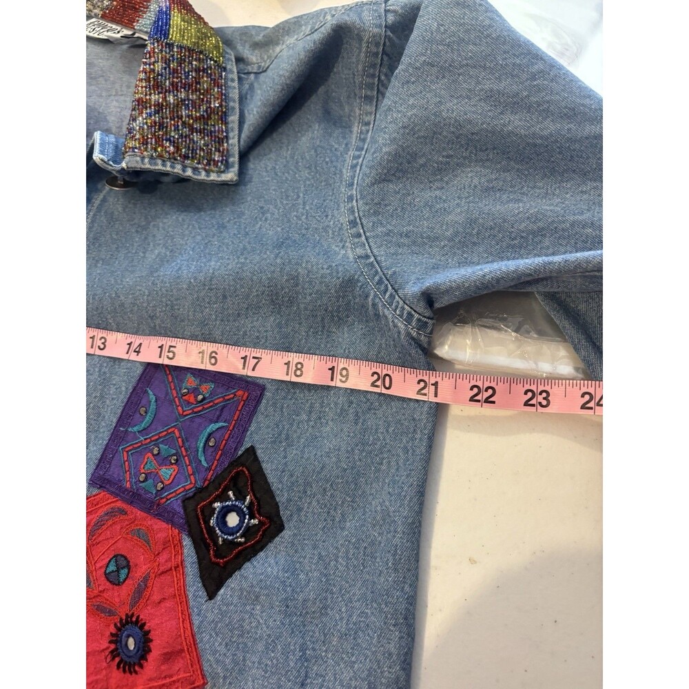 Vintage 90s Patchwork Denim Jacket M Beaded Collar Southwestern Concho Artsy L - Picture 5 of 16